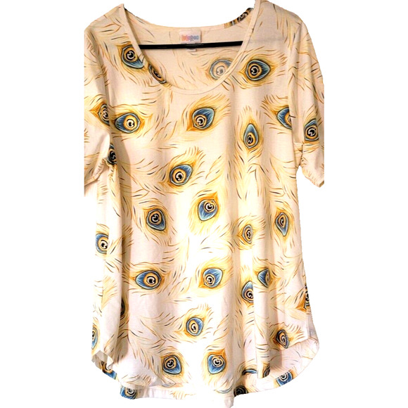 LULAROE Shirt Large Peacock White Tee Feathers All Over Print Blue - Picture 1 of 4